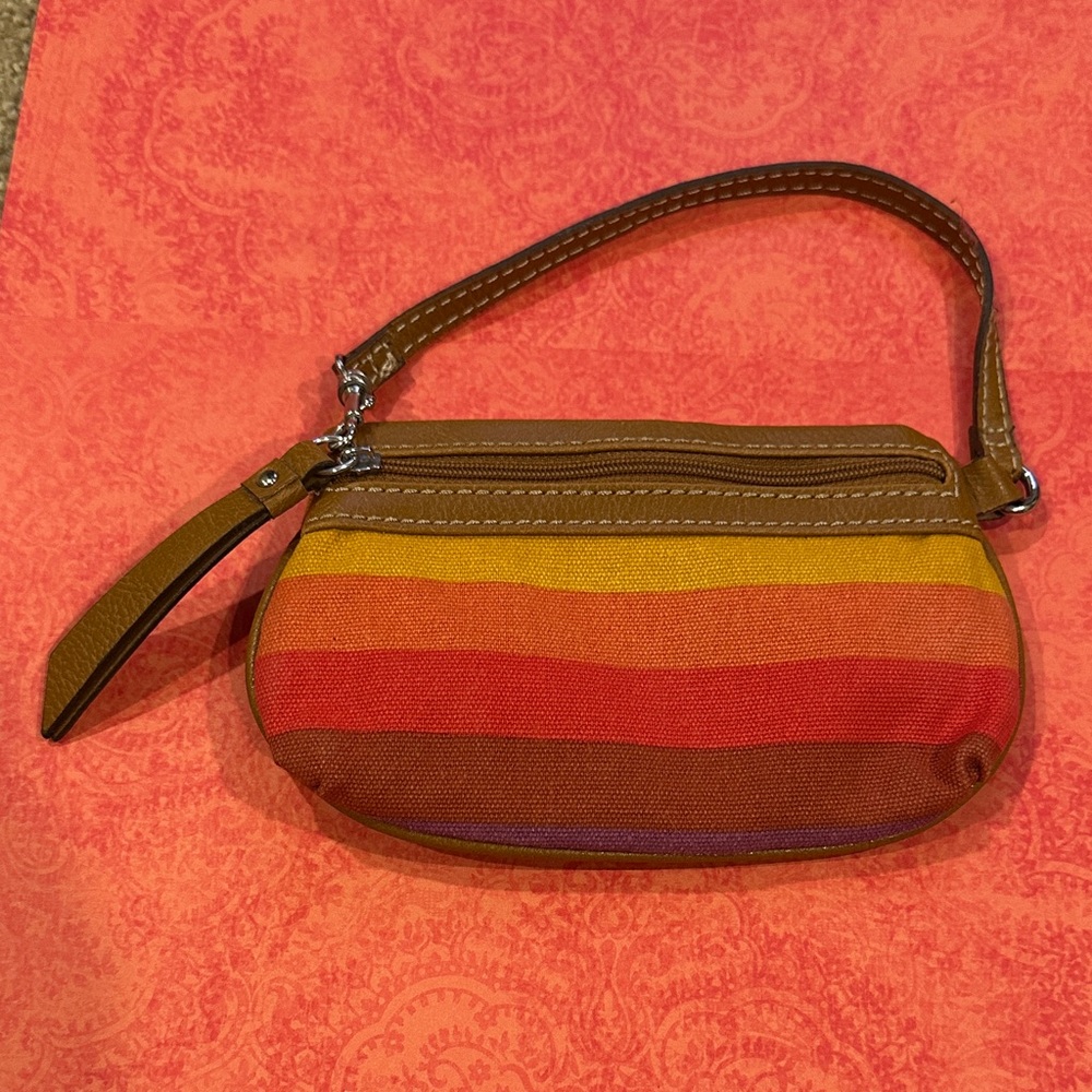 Vintage Liz Claiborne Rainbow Stripe Wristlet – Faux Leather Trim, Snap Closure